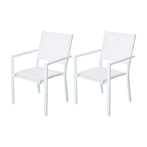 LOLAhome Set de 2 sillas de jardín Thais apilables con Brazos de Aluminio y textileno Blanco de 55x60x86 cm