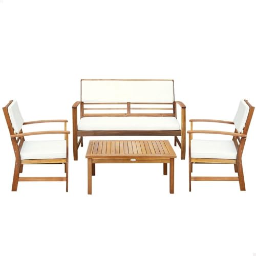 Aktive 61001 - Conjunto muebles de jardín, Conjunto muebles de madera, Muebles jardín, 1 mesa, 2 sillas, 1 banco, cojines color beige, Madera de acacia