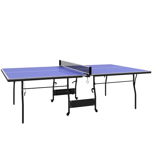 SPORTNOW Mesa de Ping-Pong Plegable Mesa de Tenis Profesional Tamaño Estándar con 4 Ruedas Red 2 Paletas y 3 Pelotas para Interior y Exterior 274x152,5x76 cm Azul