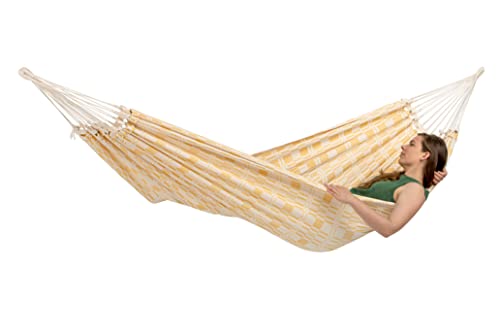 AMAZONAS XXL Carioca Gold Jacquard Hammock Lying Surface 250 x 175 cm for 2 People up to 200 kg in Natural Light Yellow Made from Recycled Cotton Soft Very Stable Elegant Look Hand Woven