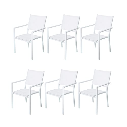 LOLAhome Set de 6 sillas de jardín Thais apilables con Brazos de Aluminio y textileno Blanco de 55x60x86 cm