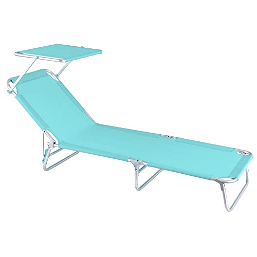 LOLAhome Tumbona Playa con Parasol, reclinable de 3 Posiciones Convertible en Cama Verde Aguamarina de Aluminio y textileno de 190x58x25 cm