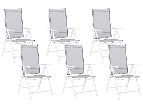 Beliani Conjunto de 6 sillas de jardín Textil Gris con Marco de Aluminio Blanco reclinable y Plegable Catania