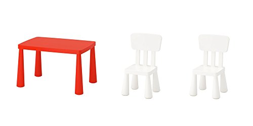 IKEA Mammut - Juego de mesa y sillas para niños, incluye mesa de color rojo Mammut y dos sillas de color blanco