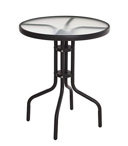 Mesa redonda de metal y cristal, 70 x 60 cm, mesa de bistró con placa de cristal, mesa de jardín, balcón, mesa de terraza, color negro