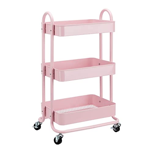 Amazon Basics - Carrito de cocina o multiuso de 3 niveles con ruedas en rosa apagado