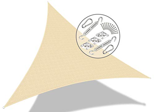 VOUNOT Toldo Vela de Sombra Triangular 5 x 5 x 5 m, Incluye 19 Kits de Montaje, Protección Rayos UV y HDPE Transpirable, para Exterior, Jardin, Patio, Marfil