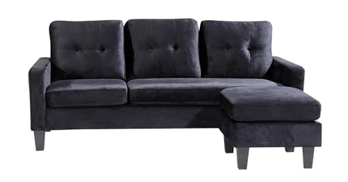 EASYMOBEL Sofá + Puf Convertible en Chaise Longue - 184x131 cm - Estilo Moderno y Clásico, Color Negro Terciopelo