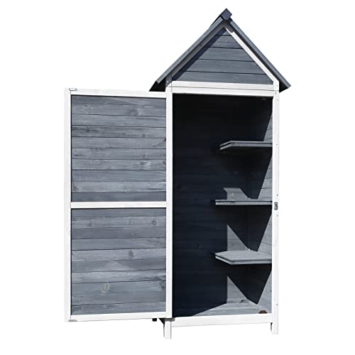 Armario para jardín de madera de color gris claro 77x53x179cm, con tejado a dos aguas y puerta