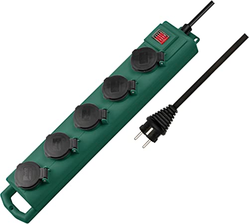 Brennenstuhl Super-Solid SL 554 regleta de enchufes con 5 tomas corriente para jardín (cable de 5 m, con interruptor, IP54, uso exterior) verde