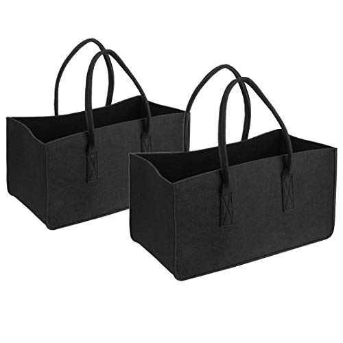 2 bolsas de fieltro para la compra, color negro, para leña de chimenea, revistero de fieltro, color negro