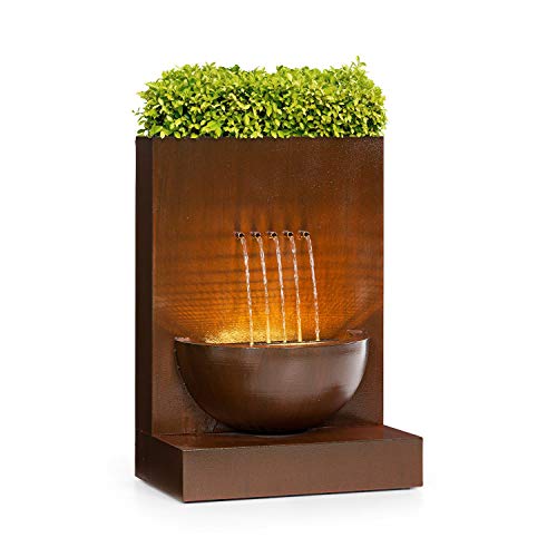 Blumfeldt Windflower Fuente para jardín - 11 W de Potencia, Incluye Cuenco para Plantas, para Dentro y Fuera, Caudal: 750 l/h, Iluminación LED, Metal galvanizado, Marrón
