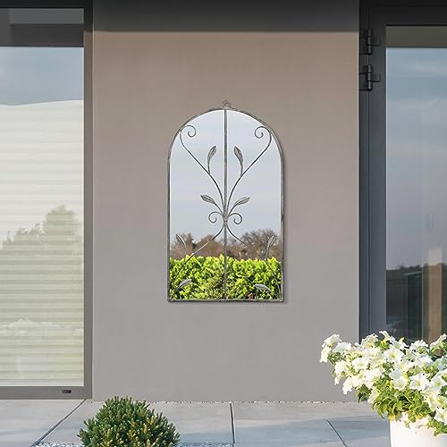 MirrorOutlet The Arcus - Espejo de Pared para jardín con Marco de Color concreto, 80 cm x 46 cm, Espejo Plateado con Respaldo Negro para Todo Tipo de Clima.