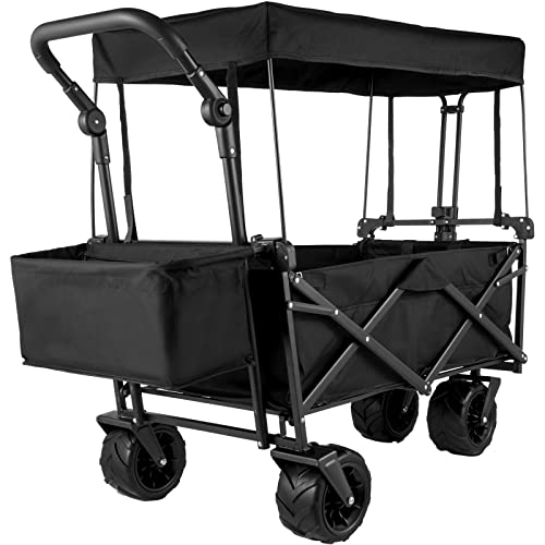 Happybuy Carro plegable negro, toldo extraíble 600D tela Oxford, ruedas de gran tamaño, carreta portátil, asas ajustables, para playa, jardín, deportes