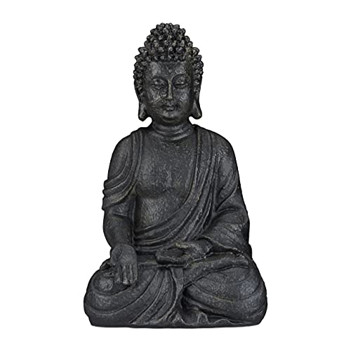 Relaxdays Estatua Buda Sentado para Jardín, Resina Sintética, Gris Oscuro, 40 cm