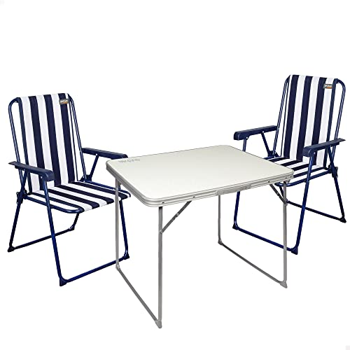 Conjunto sillas y mesa camping, Mesa plegable portátil camping, Silla de camping resistente, mesa blanca 80x60x70 cm, 2 sillas 54x53x40 cm, color azul y blanco, Aktive Camping