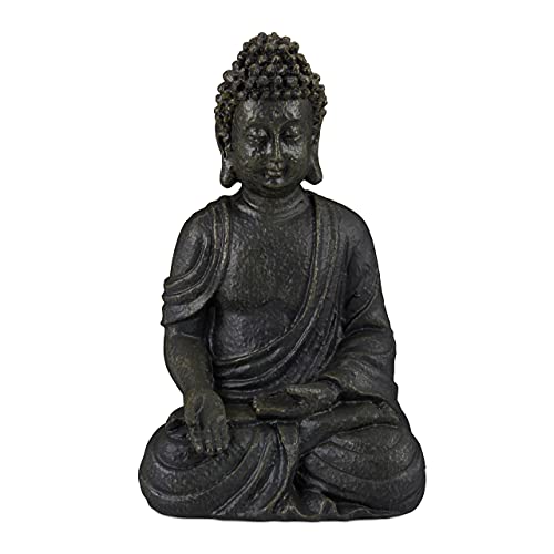 relaxdays Estatua Buda Sentado para Jardín o Salón, Resina Sintética, Gris Oscuro, 18 cm, polirresina