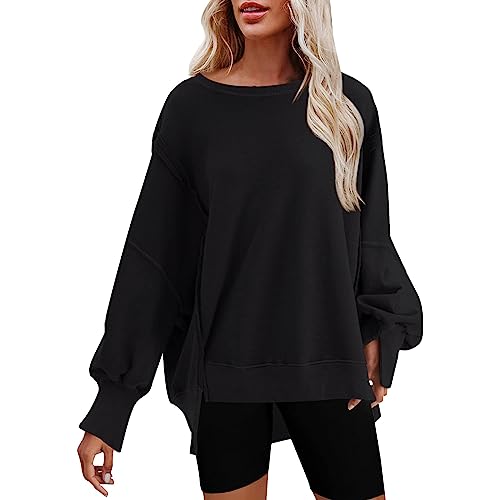 Ladies Pullover Tops Oversized Crewneck Solid Color Sweatshirt Side Slit Long Sleeve Pullover Slouchy Fit Tops Daliy Trendy Blouse C-159