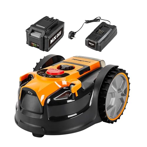 LawnMaster VBRM16 Robots cortacéspedes eléctrico para Jardines de 100 m² Corte 20-60 mm,Pendiente de 35% con batería de Iones de Litio MX 24V 4.0Ah y Cargador rápido