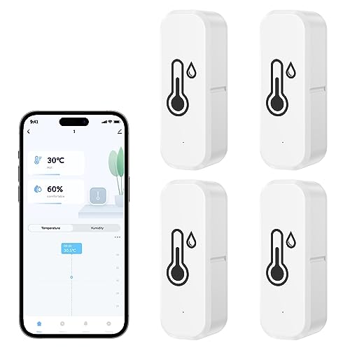 GAOEEIN WiFi Inteligente Termómetro Higrómetro, sensor inalámbrico de temperatura y humedad para interiores y exteriores con alarma de notificación de aplicación remota con Alexa Google Home(4 Piezas)