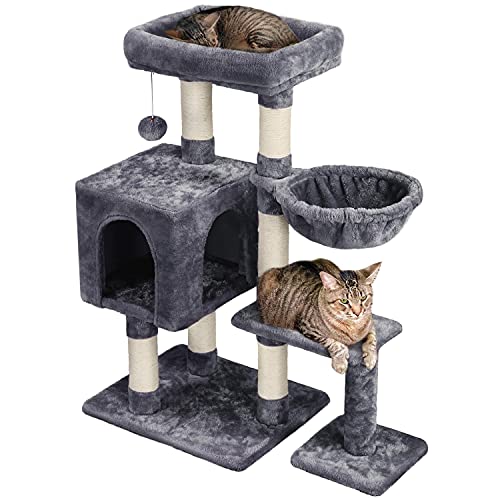 Yaheetech Árbol Rascador para Gatos 80x39.5x96 cm Torre para Gatos Juguete de Gatos de Sisal con Nidos y Hamaca Gris Oscuro