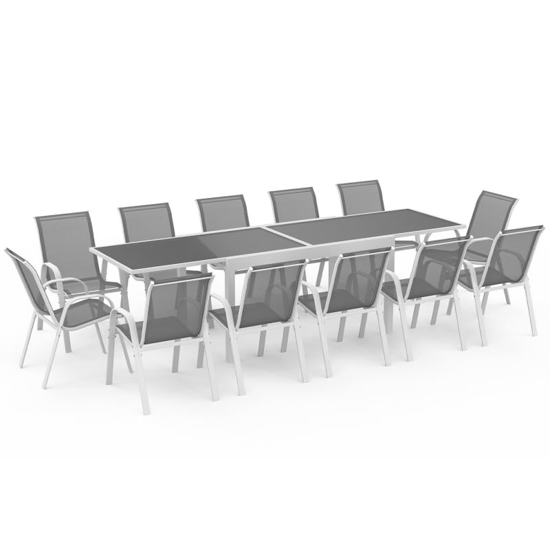 IDMarket – Salón de jardín Madrid Mesa extensible, bandeja gris 135-270 cm y 12 sillas apilables Estructura blanca
