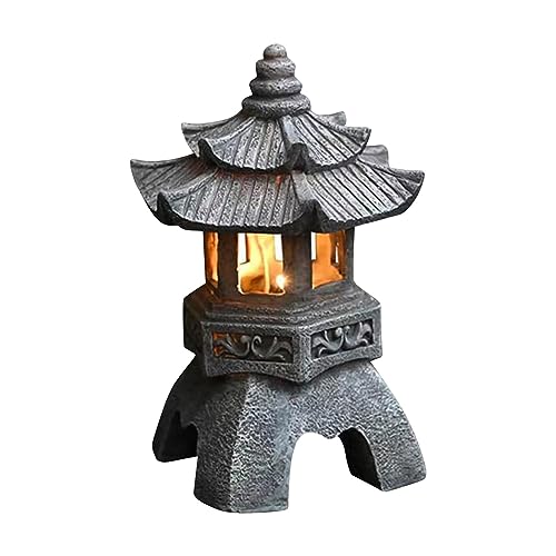 NESKTS Estatuas de jardín de pagoda, estatua de pagoda de jardín con linterna solar, impermeable, decoración asiática zen para paisaje, patio, porche, césped
