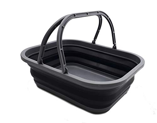 SAMMART Bañera plegable de 12 L con asa – Cesta portátil de picnic al aire libre – Bolsa de compras plegable – Contenedor de almacenamiento que ahorra espacio (1, gris/negro)
