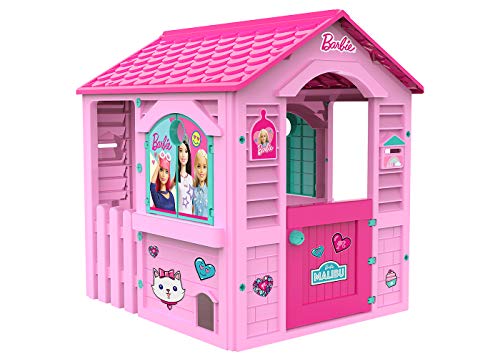 Chicos - Barbie Casita Infantil de Jardín | Casita Exterior niños Resistente y Duradera | Rosa con Tejado Fucsia, 84 cm x 103 cm x 104 cm (89609)