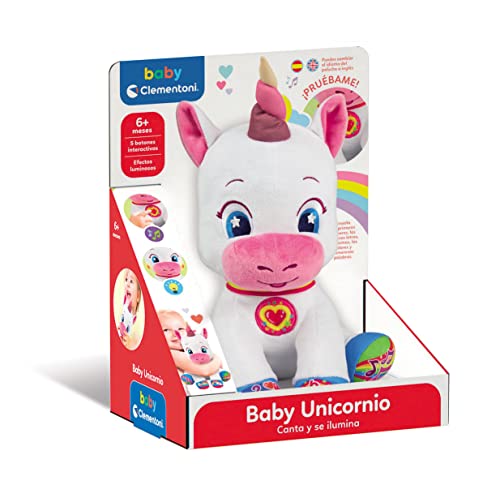 Clementoni - Baby Unicornio - peluche interactivo con luz y sonidos para bebés a partir de 6 meses, juguete en español (55262)