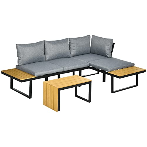 Outsunny Conjunto de Muebles de Jardín de Aluminio 3 Piezas Juego de Conversación Incluye 2 Sofás Esquineros con Cojines Mesa de Plástico Madera Gris