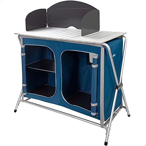 AKTIVE 52857 - Mueble plegable cocina, con paravientos, camping, jardín, dos compartimentos de organización, armario plegable doble, altura regulable, 88x51x81-111 cm, color azul marino, multicolor