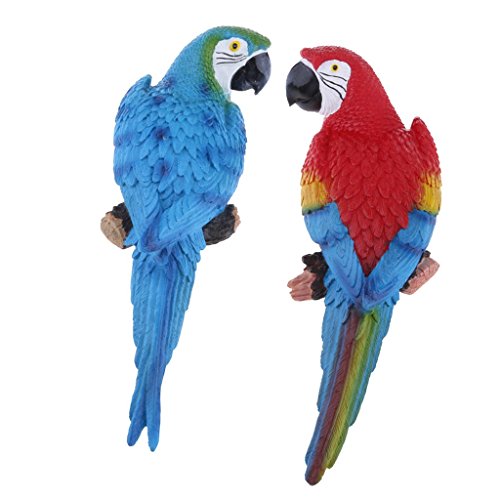 Inzopo 1 par de estatuas realistas para pájaros de resina con diseño de loros, tamaño grande, realista, para decoración de árboles, 31 cm, aspecto azul y rojo loros