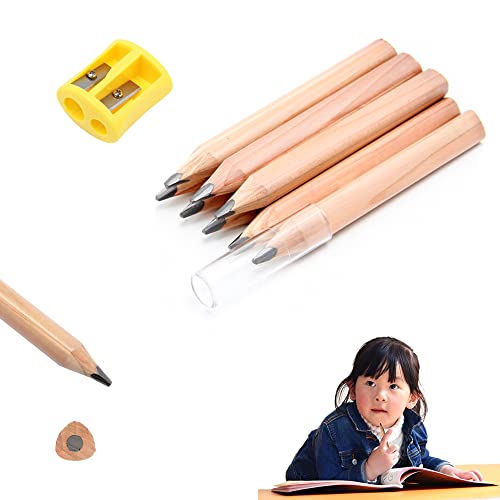 Yingcen - 8 lápices cortos y gruesos de 88 mm cortos triangulares con sacapuntas y funda transparente para bolígrafo para la escuela, jardín de infantes, estudiantes, niños y niños pequeños