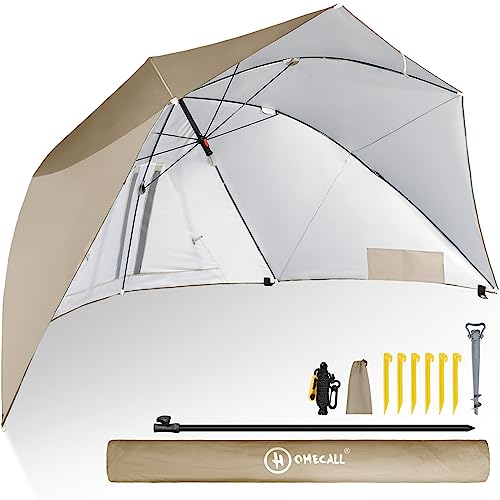 HOMECALL - Sombrilla refugio con ventana para protegerse del viento en la playa, poliéster resistente a los rayos UV, caqui