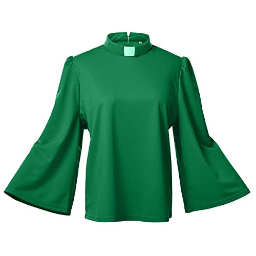Camisa Columpio de Manga Larga para Mujer Clero Sacerdote Ministro Iglesia Regular Blusa con Cuello de pestaña, Verde, S