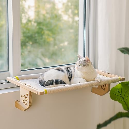 MEWOOFUN Hamaca grande para ventana de gato, cama de madera y metal, 56 x 40 cm, para gatos, cama resistente para gatos con alfombrilla de forro polar suave, soporta hasta 18 kg, color beige