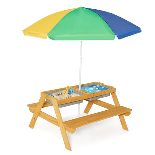 GOPLUS - Conjunto de mesa y banco 3 en 1 para niños con sombrilla, mesa 3 en 1 convertible con bandeja extraíble y 2 cajas de almacenamiento, mesa y banco de madera, para exterior, jardín (color)