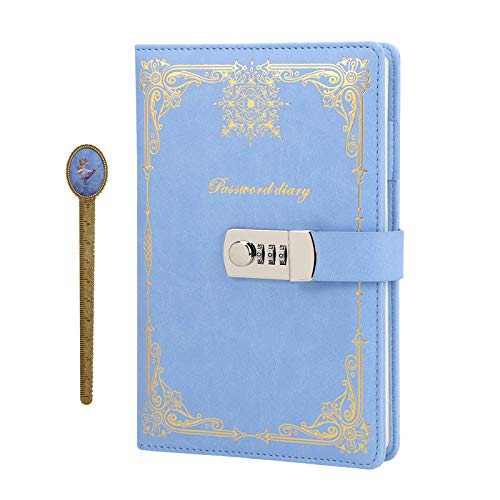 Diario con candado de cuaderno de piel sintética vintage con bloc de notas con código A5, cuaderno de nota, con cerradura de combinación diario íntima para niñas, 140 x 210 cm, color azul