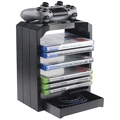 Geekhome - Soporte universal para 10 juegos, compartimento para accesorios, posibilidad de almacenamiento para controladores, apto para Playstation 5, Xbox Series S&X, Xbox One, PS4, Blu Rays
