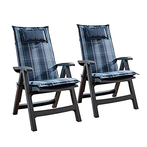 Homeoutfit24 Donau - Cojín Acolchado para sillas de jardín, Hecho en Europa, Respaldo Alto, Poliéster, Resistente a los Rayos UV, Relleno de Espuma, 120 x 50 x 6 cm, 2 Unidades, Azul