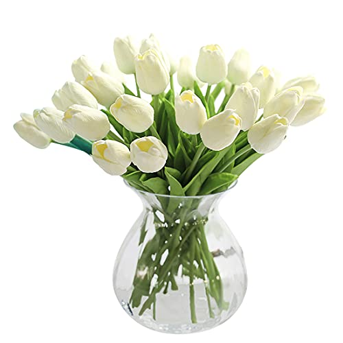JUSTOYOU El tulipán Tiene un Toque Real, 33 cm de Largo, Flores Artificiales Decorativas para Ramos de Boda, hogar, Hotel, jardín, Evento navideño, Blanco, 20 por Paquete.