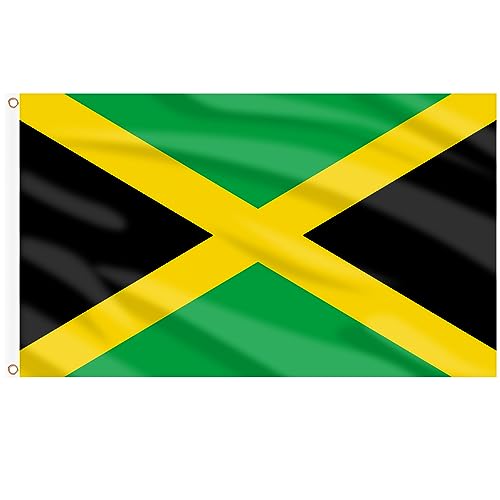 Ahfulife Bandera de Jamaica 90cm x 150cm(3ft x 5ft), 2pcs Bandera Jamaicana con Agujeros de Latón en Ambos Lados, Decoración de 2024 Día Nacional Callejeras Jardin Escuela Barra Fiesta