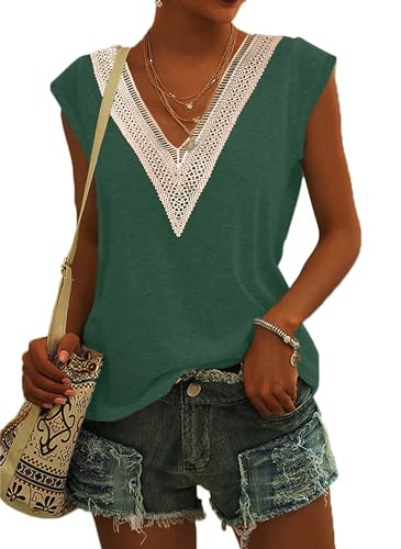 PLOKNRD Camiseta de Encaje Femenino con Cuello V Elegante Blusa de Manga Corta en Verano Camiseta Relajada Blusa de Playa(Verde Oscuro,L)