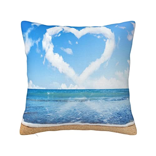 Funda de almohada suave con forma de corazón romántica de nubes de playa en cielo azul transparente, funda de cojín cuadrada de poliéster para cama, sofá, decoración de jardín, 45 x 45 cm