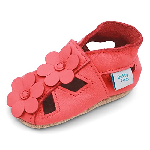 Dotty Fish Zapatos de Cuero Suave para bebés. Sandalias para niñas. Coral con Flores. 12-18 Meses (21 EU)