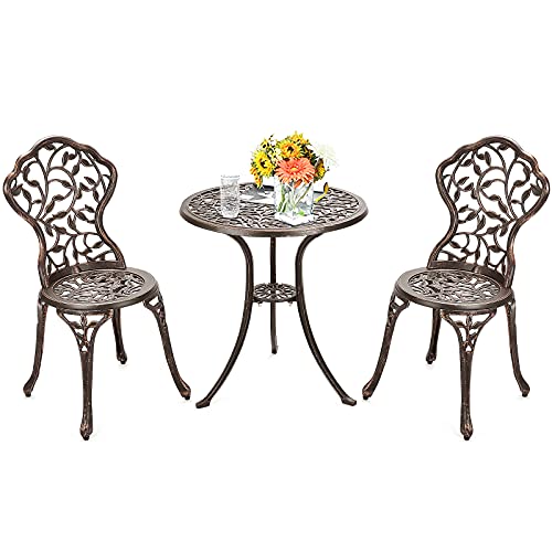 RELAX4LIFE Juego de mesa y 2 sillas de jardín de fundición de aluminio y hierro fundido antioxidante, estilo rococó con rosas y adornos exquisitos, orificio para sombrilla, mesa y sillas de exterior