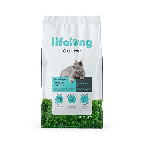 Marca Amazon - Lifelong Arena de bentonita para gatos, Premium con perfume de talco, 25L, Paquete de 1