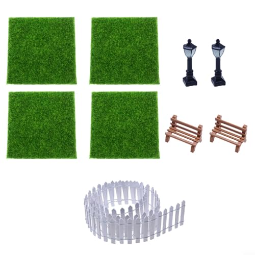 Cercas de muebles de jardín en miniatura de fibra sintética, lámparas de calle, taburetes, mini hierba artificial