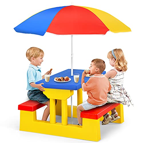 GOPLUS Juego de asientos infantiles para pícnic, muebles de jardín de material PP para niños, incluye sombrilla, 2 bancos y mesa (rojo-azul-amarillo)